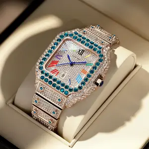 Dayand Night 2025 Unisex 42mm Alloy Analog-Digital Square Dial Full Diamond Iced Out Moissanite Roman Luxury Quartz Watch, 30M - 50M Waterproof, Calendar Feature, Business-Casual Timepiece, Banquet Wear Accessory, Ideal Anniversary Gift for Anniversaries