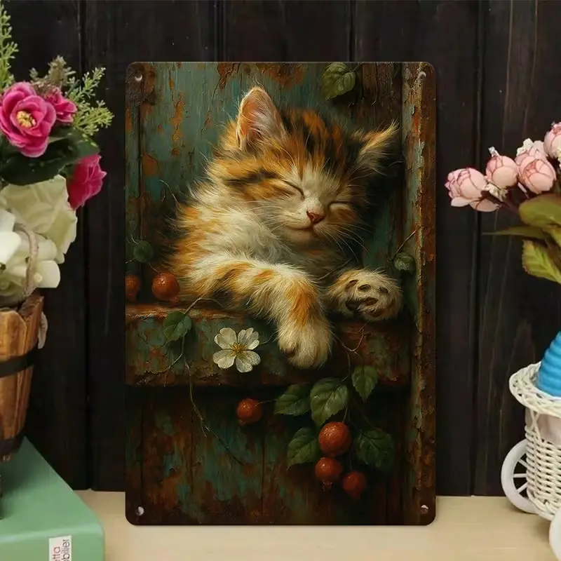 Vintage Distressed Metal Tin Sign - Sleeping Fluffy Tabby Kitten, White Wildflowers, Berries, Weathered Teal Wooden Wall Plaque, Casual Shabby Chic Cottagecore Cat Botanical Farm Wall Art Decoration For Living Room, Sunroom, Artistic