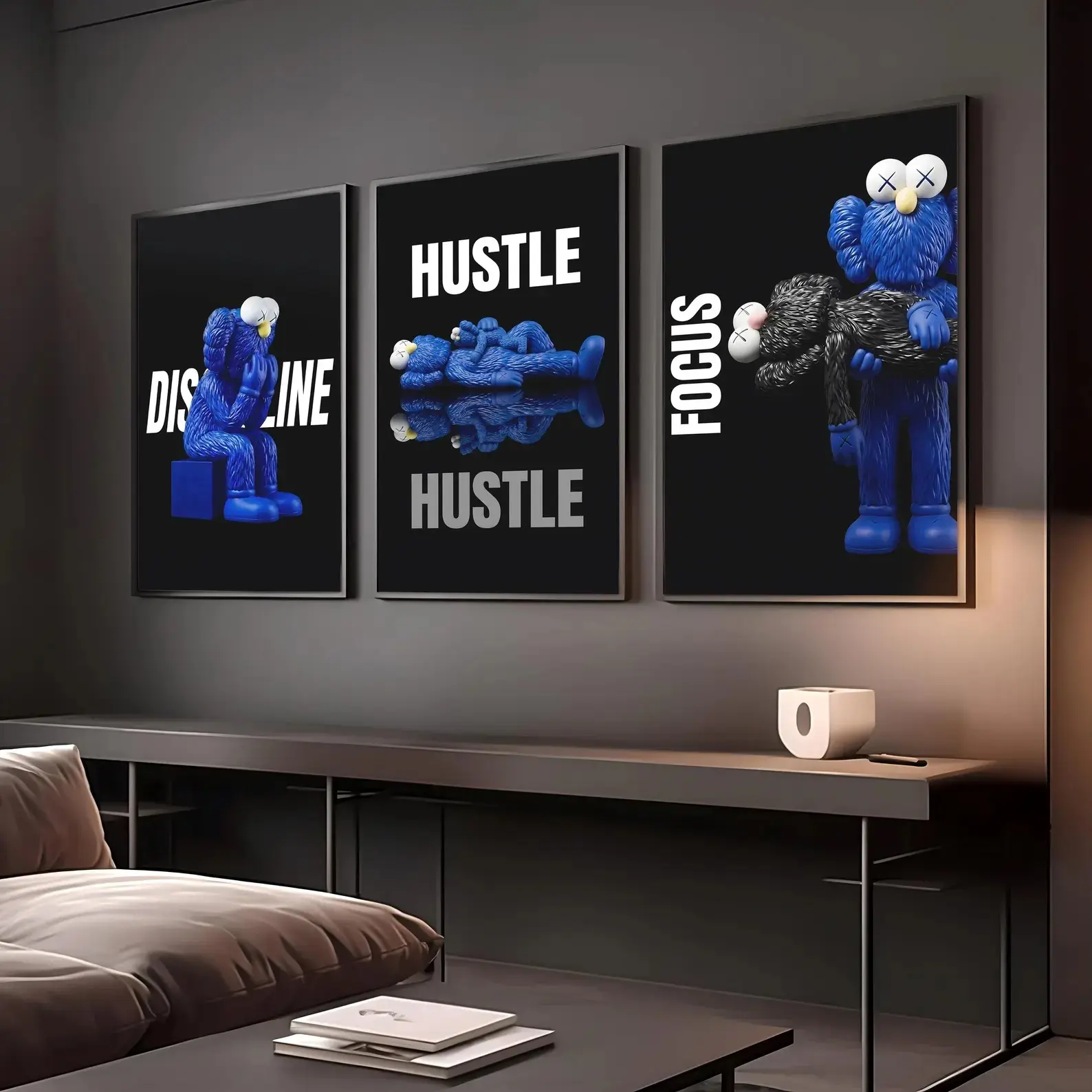 Blue KAWS Graffiti Poster Set of 3 - Minimalist Hypebeast Sneaker Wall Art, Printable Figure Print for Bedroom Home Decor