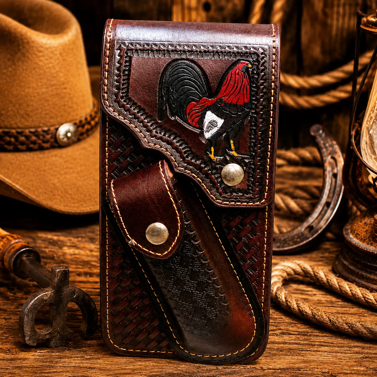 Rooster Western Phone Case / Cellphone Belt Holster & Knife Holder – Hand-Tooled, Hand-Painted, Genuine Leather, Magnetic Closure, , Fits Most Cell Phones
