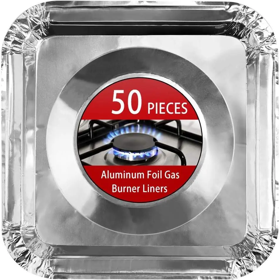 Foil Gas Stove Burner Liners, 50 Pack Stove Burner Covers Disposable Square Stove Bib Liners Gas Rangetop Protectors Cooktop Replacement Keep Stove Clean Square 8.5"