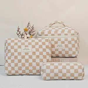 Checkerboard Pattern Makeup Bag Set, 3 Counts/set Large Capacity Travel Cosmetic Storage Bag, Makeup Container Set, Makeup Case, Zipper Makeup Organizer Pouch, Versatile Storage Bag for Travel, Gym, Office, Home, Stackable Makeup Holder Kits