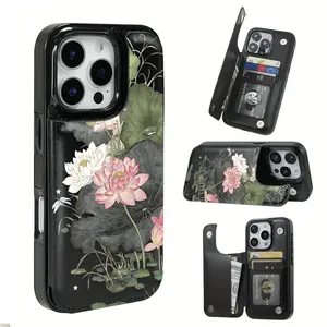 Mobile phone case: Lotus theme function protective case, built-in card clip design, can store bank cards, transportation cards and other cards, suitable for iPhone 16 Pro Max, iPhone 17/Air/16/15/14/13/12 Pro/11/XS Plus Max, and Samsung S22/S23/S24/S2