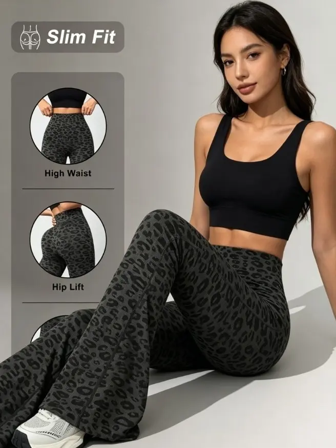 HH     Women's Leopard Print High-Waisted Flare Pants - Stretchy & Seamless, Versatile All-Season, Butt-Lifting & Tummy Control, Slimming Curves for Gym, Yoga & Daily Wear Womenswear Bottom Spot Hip