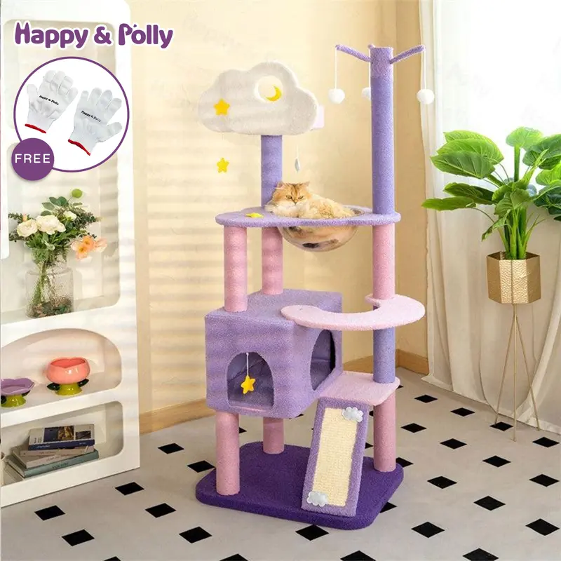 Happy & Polly Moonlight Cat Tree - 63.4-70in Multi-Level Vintage Tower, 11.8x17.7in Playground with Cozy Beds, Scratching Posts, Spacious Platforms, 45-Degree Angled Sisal Board, Cartoon Art Deco Pet Furniture for Indoor Cats