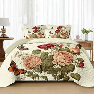 Peony & Butterfly Quilt, all-season use, soft and skin-friendly, lightweight pastoral rose print bedspread (King/Queen/Full sizes include two pillow shams; Twin size includes one pillow sham).