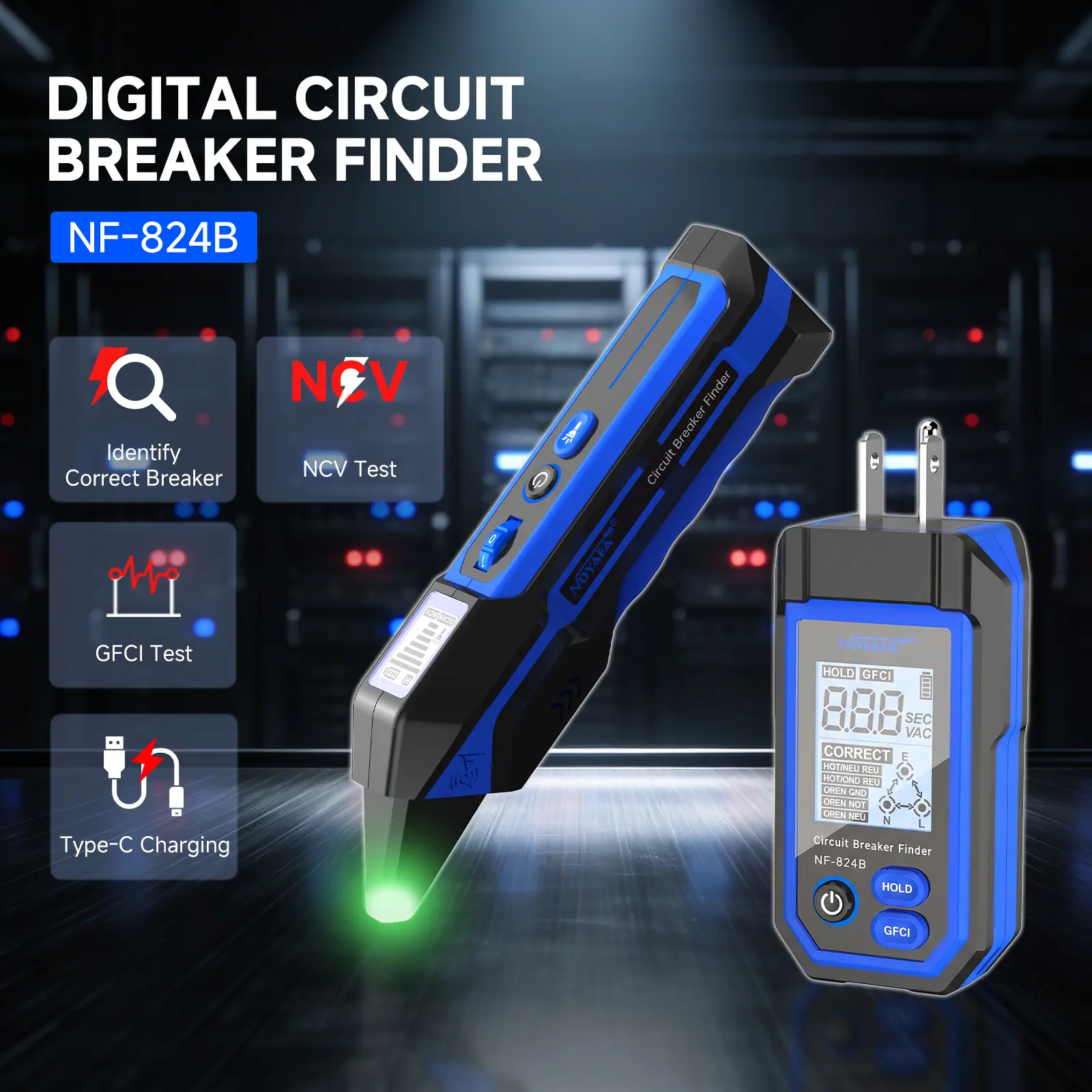 NOYAFA Circuit Breaker Finder with LCD Display and GFCI Outlet| Rechargeable AC NCV Electrical Tester Circuit Tracer Tool with Flashlight, Includes Carrying Case and Adapters- NF-824B