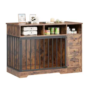 Farmhouse 48 inch Dog Crate Furniture with Storage Drawers & Shelves, Large Wooden Dog Kennel End Table with Built-In Feeding Station, Heavy Duty Pet Cage House with Double Lock Doors for Medium Large Dogs