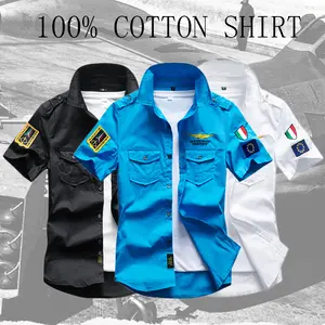100% Cotton Men’s Short-Sleeve Shirt — breathable, aviator/military style, multi-pocket design, shoulder patches and multiple badge decals, two-pocket workwear casual shirt