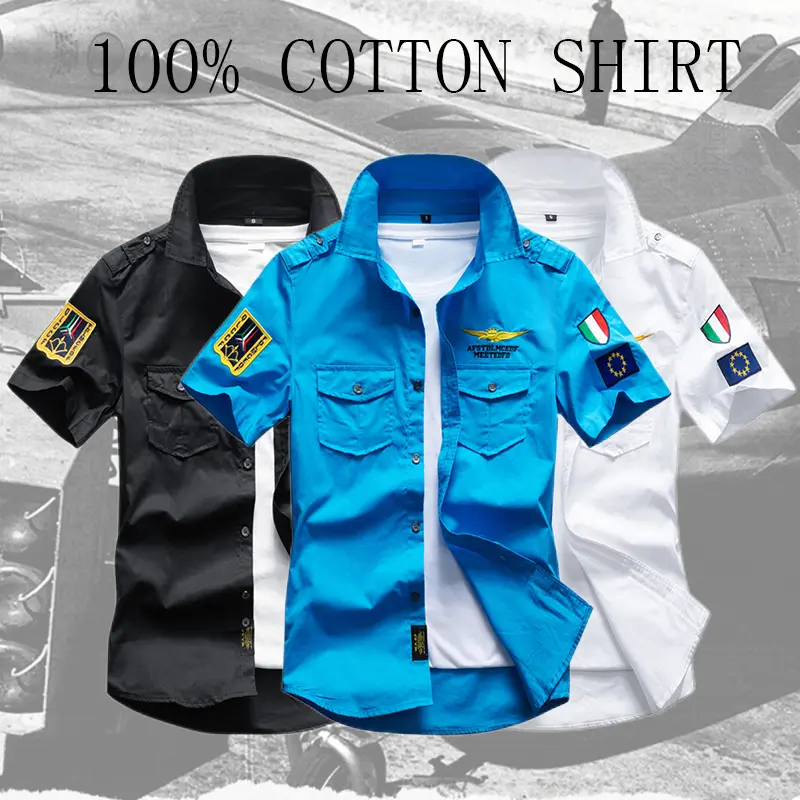 100% Cotton Men’s Short-Sleeve Shirt — breathable, aviator/military style, multi-pocket design, shoulder patches and multiple badge decals, two-pocket workwear casual shirt