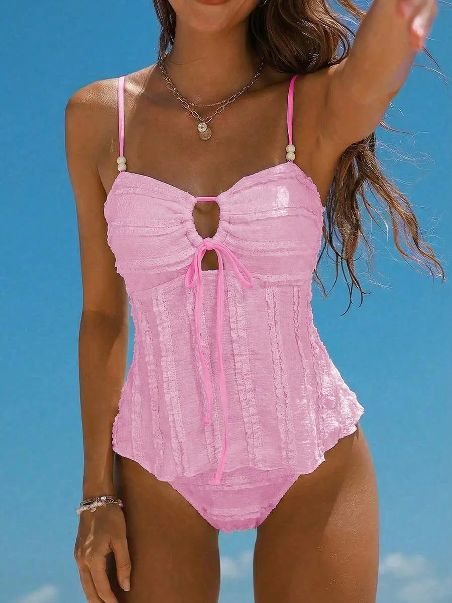 ReadRiot Women's Textured Bikini Set with Beaded Detail - 2 Piece Summer Beach & Vacation Swimwear