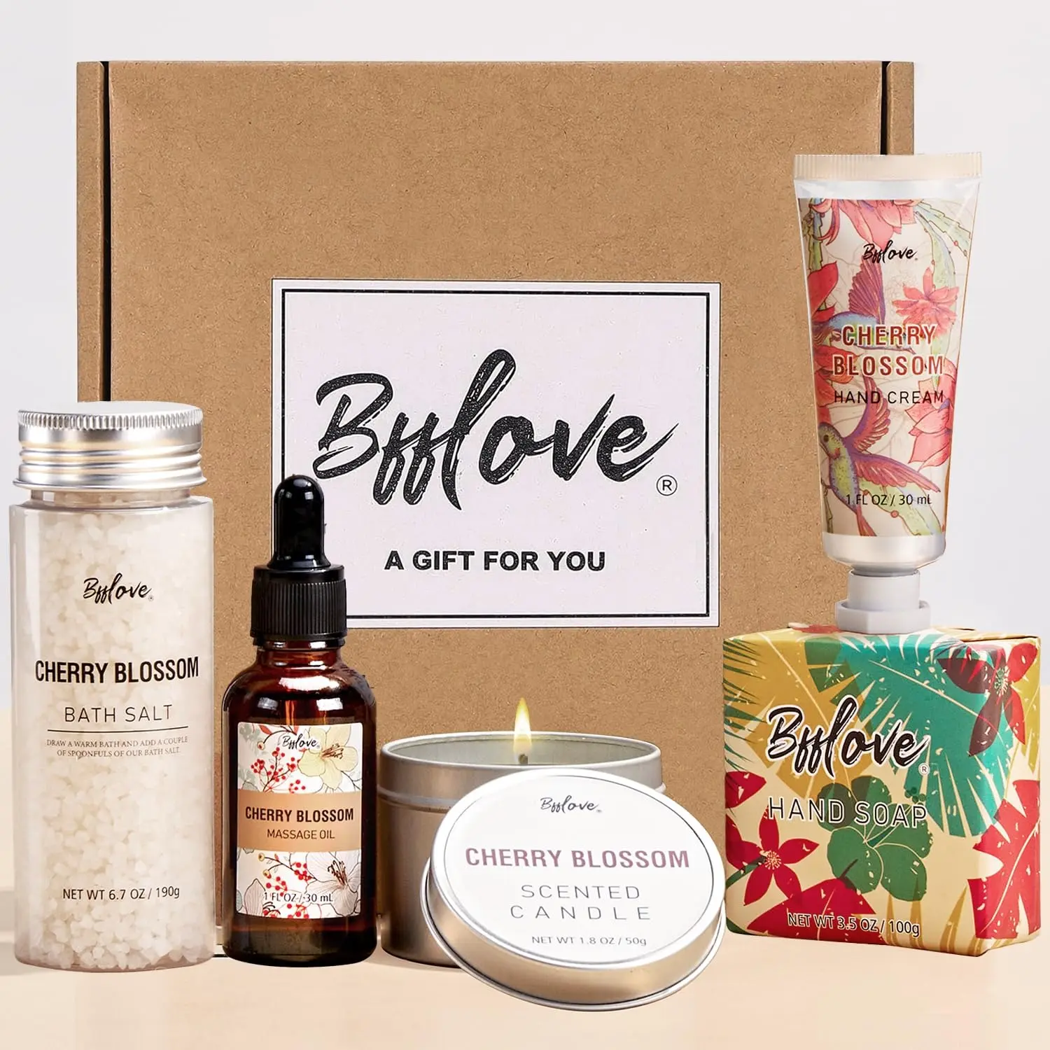 5pcs Cherry Blossom Bath Spa Set, with Massage Oil, Scented Candle, Bath Salts, Hand Cream, Home Spa Kit, Body Care Moisturize Self Care Bundles Mother's Day Gift For Mom Pamper Your Mother