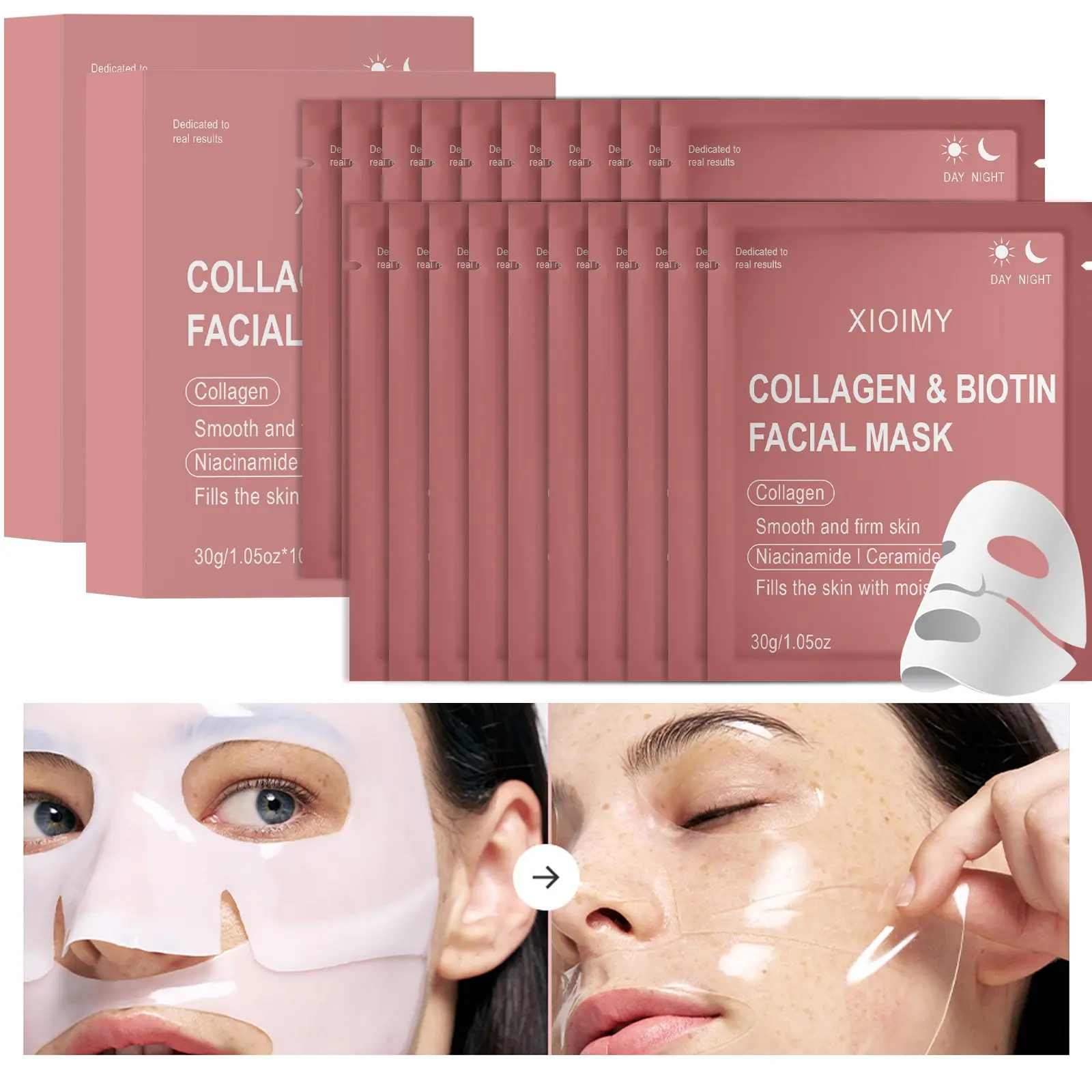 20 Sheets Collagen & Biotin Nourishing Facial Mask, Collagen Face Mask, Alcohol-Free, Low Sensitivity, Strong Hydration, Smooths Skin, Suitable for All Skin Types, Collagen Night Mask