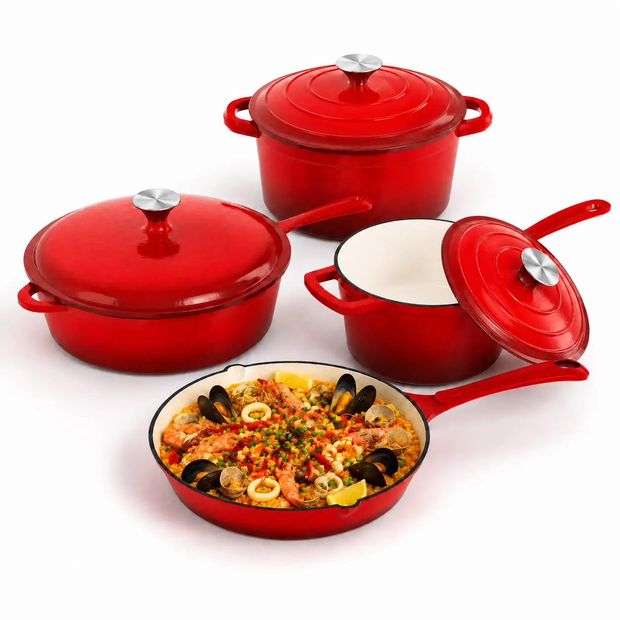 SummerSale Kitchen Academy Enamel Cast Iron 7 Piece Cookware Set, Dutch Oven Pot with Lid, Red Non Stick Pots and Pans set, Oven Safe up to 500°F