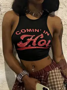 Women's Sexy Sleeveless Vest with Letter Print, Womenswear, Style, Perfect for Summer Wear, Casual Fitted Short Top, No Ca Prop 65 Warning