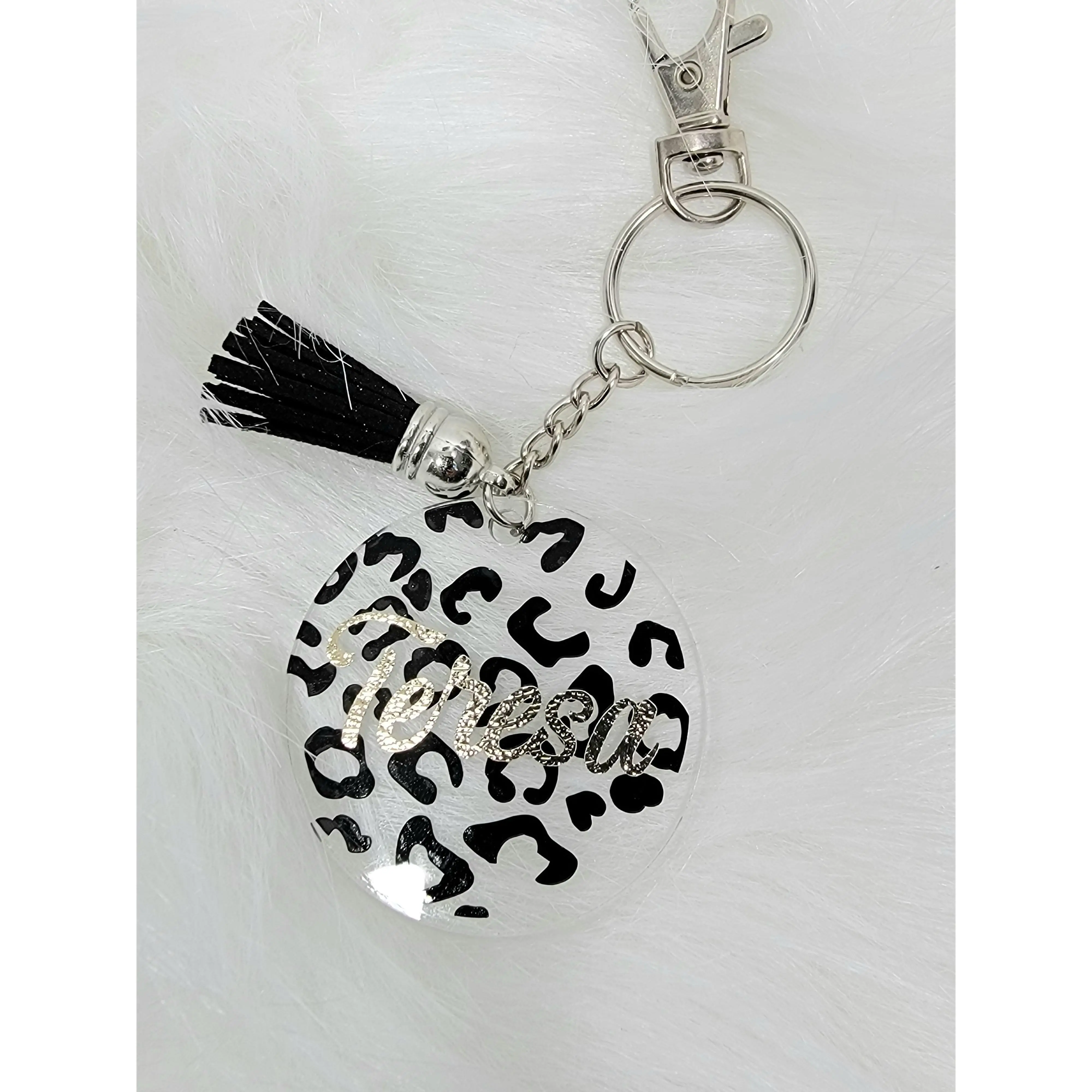 Round Acrylic Keychain - Leopard Print  with Name