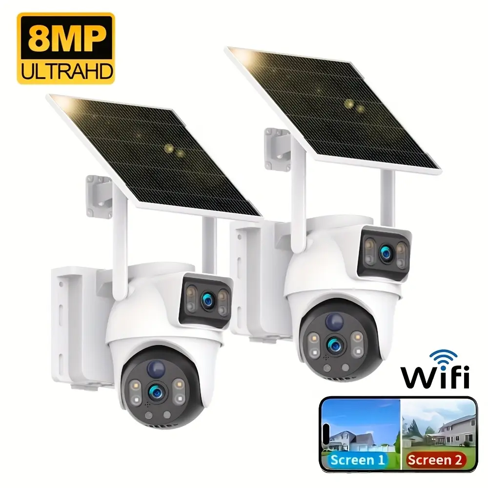 XIAOVV 2pcs 8MP Solar Security Cameras, 2.4Ghz WiFi Security Monitoring High-definition Dual Lens Automatic Rotation Pan Tilt Motion Detection Bidirectional Call Security Surveillance Camera 365-Day Battery Life, with Night Vision