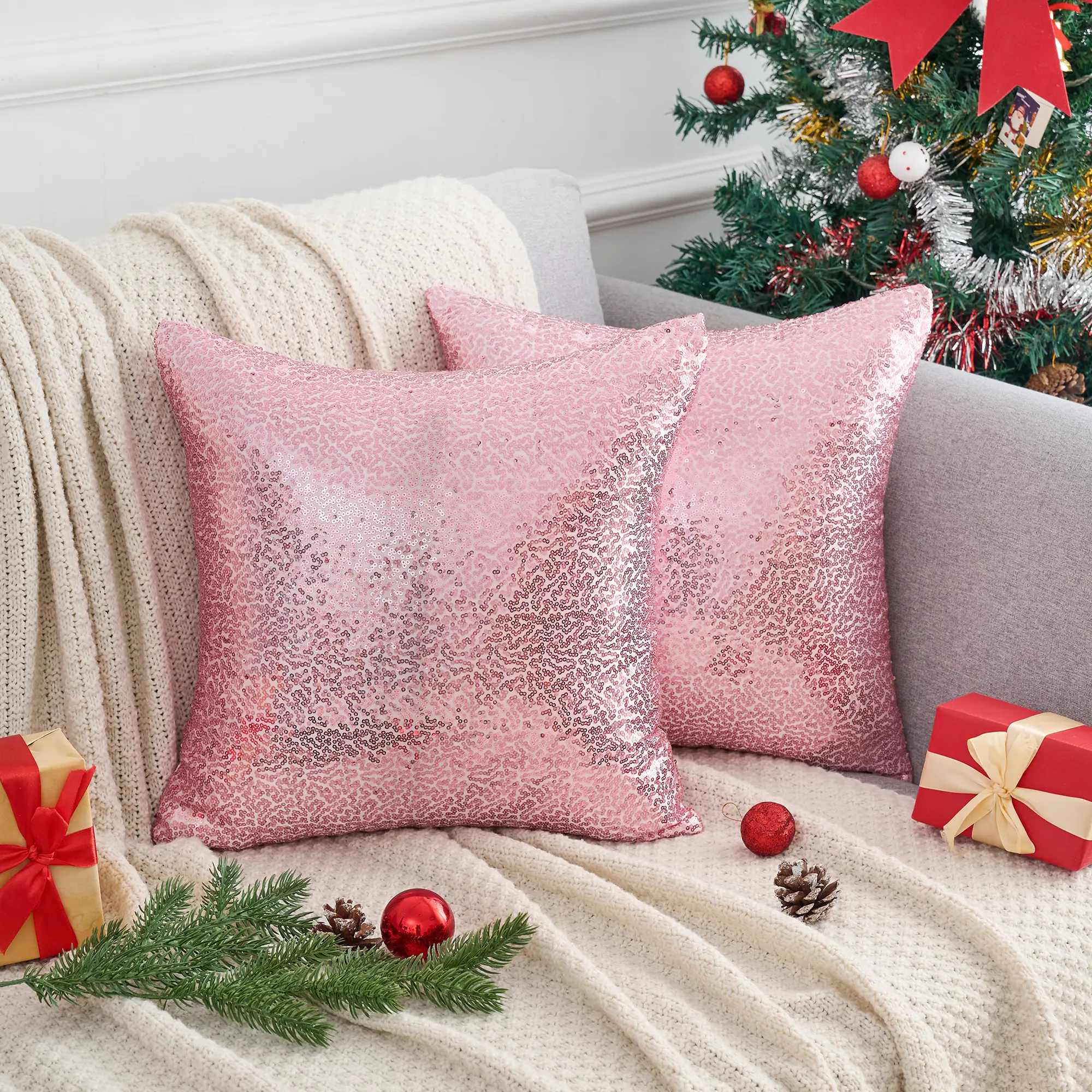 REGALWOVEN Sequin Throw Pillow Covers, Pack of 2 Square Glitter Decorative Pillow Cases Personalized Cushion Covers for Bed Sofa Bedroom Living Room Home Decor