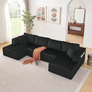 132" U Shaped Modular Sectional Sofa, Oversized Cloud Couch with Chaise, Compressed Memory Foam Corduroy Upholstered Couches, No Assembly Modern Sofa for Living Room Apartment, Black