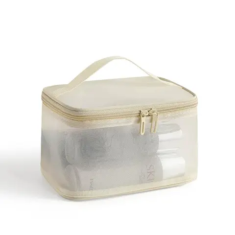 FeelinGirl Make Up Bag - Machine Washable Cosmetic Storage Container with Clear Mesh Pocket and Gold Zipper Closure