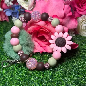 Sage bloom wristlet keychain color scheme sage green, light pink, chocolate and bling beads made with wire trending wristlet