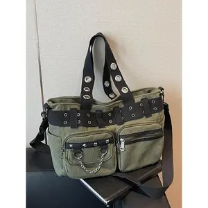 Women's Punk Style Crossbody Bag with Studs & Chain Decoration, Multi-Pocket Shoulder Bag for Daily Use, Trendy Casual Versatile Commuting Purse