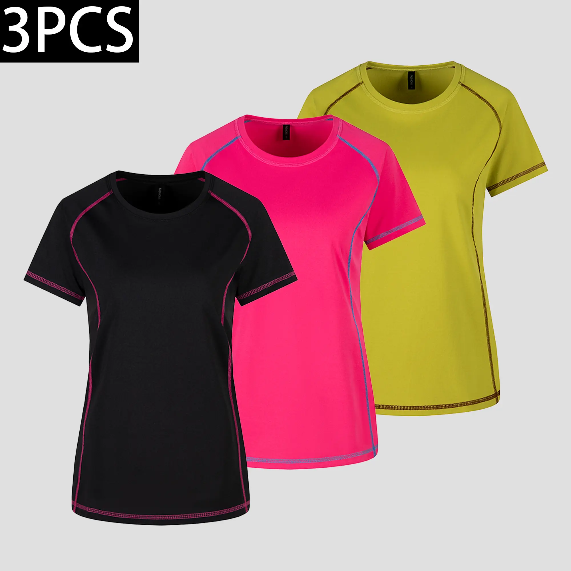 Women’s Quick-Dry Sports T‑Shirt Set, 3 Pieces — Breathable Summer Short‑Sleeve Running/Yoga Casual Contrast Color Top, Short Sleeve Tops, Contrast Trim