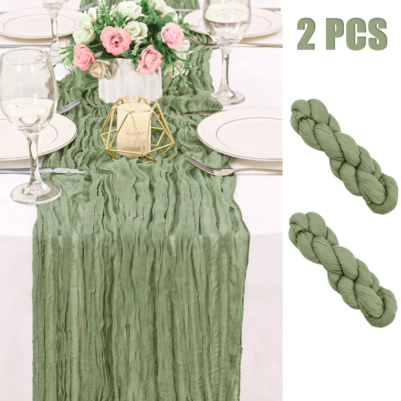 Sage Cheesecloth Table Runners (2-Pack, 120x35") - Fade Resistant, Sheer Gauze Fabric, Lightweight, Wrinkled, Polyester, Romantic Flow, Hand Wash Only, Boho Rustic Decor for Wedding, Thanksgiving Feasts