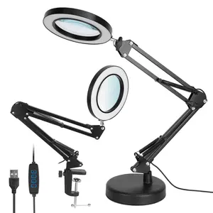 1Pack 2 In 1 LED Magnifier Desk Lamp 8x Magnifying Glass With Light Swing Arm Desk Table Light USB Reading Lamp With Clamp Stand 10 Brightness 3 Modes