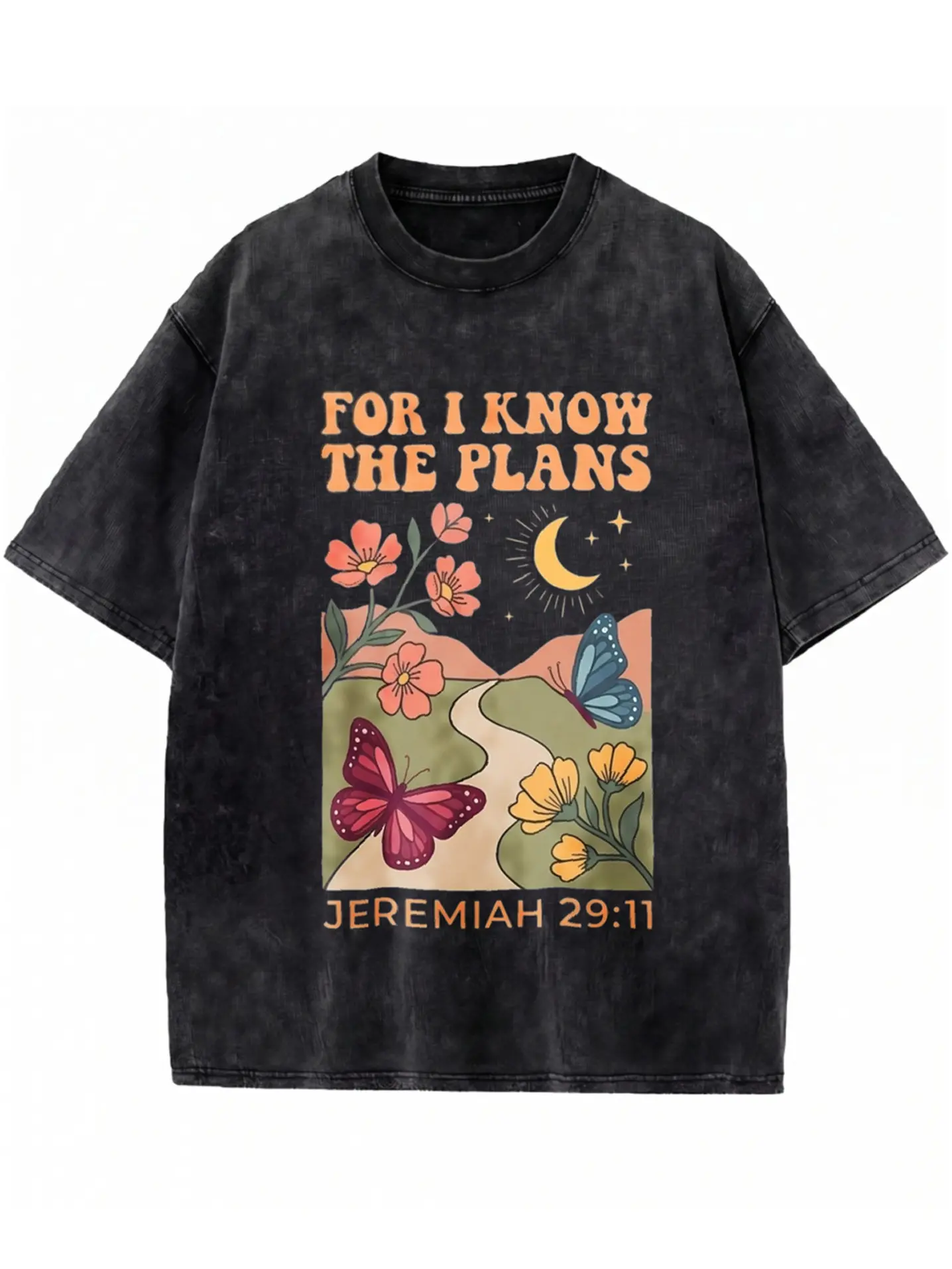 Men's Baggy Basic T-Shirt - Cute Cottagecore Butterfly Floral Christian Top, Vintage Jeremiah 29:11 Bible Verse Garment, Heavyweight Cotton Acid Wash Boho Faith Gift, Tshirt, Shortsleeve, Everyday