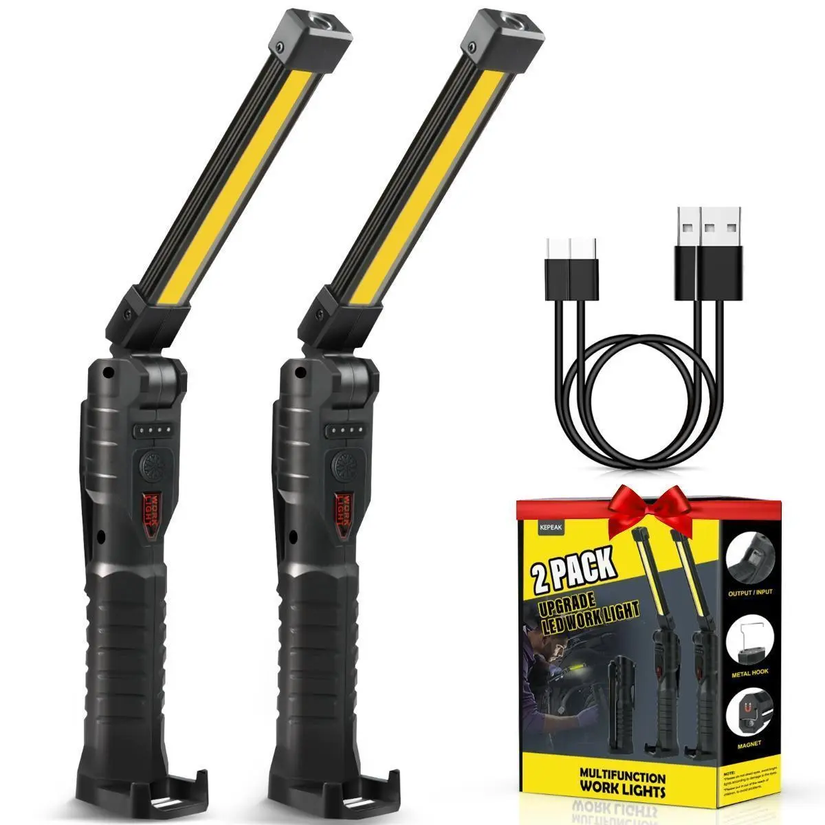 【BackToSchool】Rechargeable LED Work Light Grill Light with Magnetic Base 7 Modes, Gifts for Him, Tool Gifts for Men, Portable Work Light,Versatile Lighting for Repairs, Outdoors(2Pack Black)