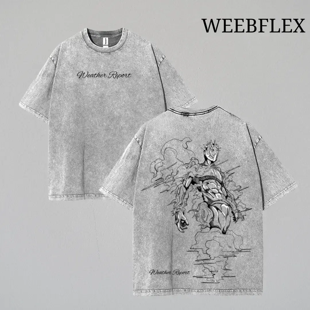 Men's JoJo’s Bizarre Adventure Weather Report Vintage Retro Washed Cotton Graphic Print Shortleeve T-Shirt - Round Neck, Casual, Loose Fitting, Unisex Fit Ease, Bold Manga Vibe, Menswear Anime Gift for Fans, Streetwear