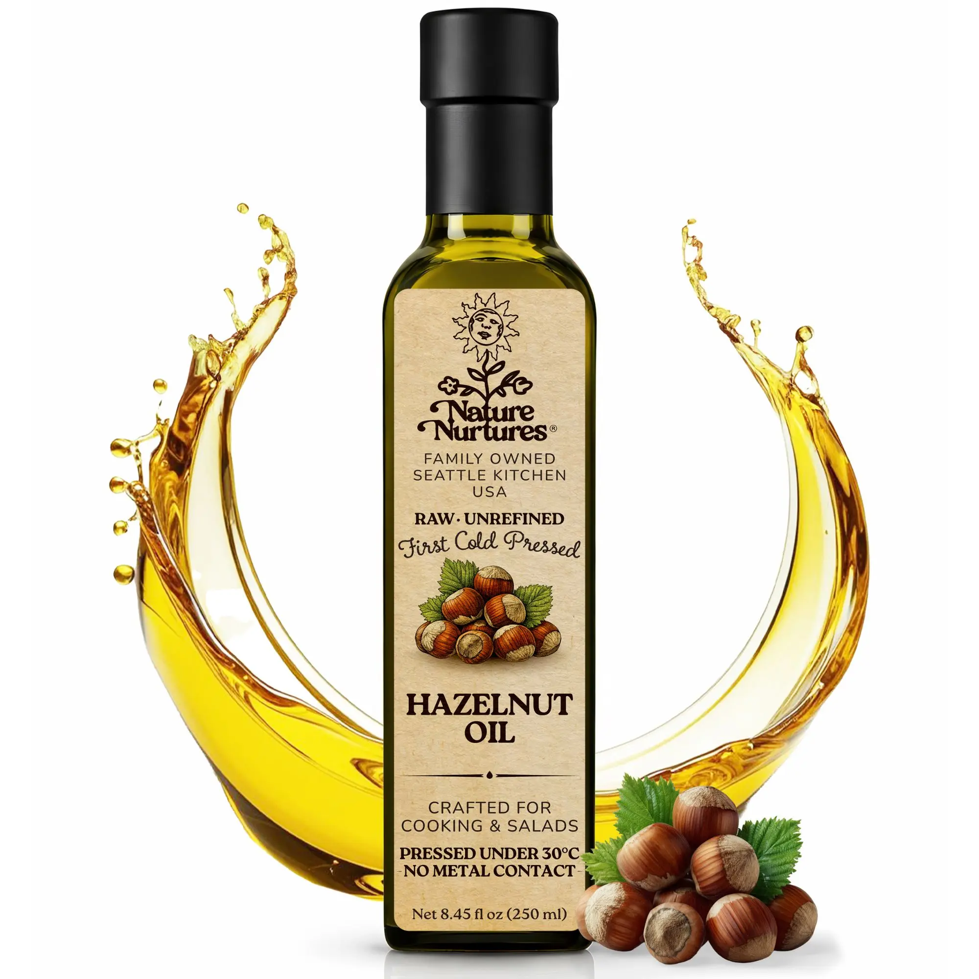 Hazelnut Oil for Cooking and Baking · Raw · Unrefined · First Cold-Pressed at Temperatures Below 30°C · Pressed Only Once · Without Metal or Wood Contact · Small Batch · Handcrafted in Seattle USA · 100% Pure & Natural · Also Loved for Skin and Hair