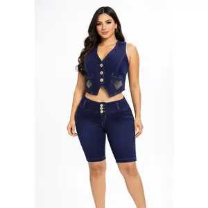 Butiklatina Lady's Basic Casual Short Vest & Top Denim Lift Women's Clothing Set - High-Quality Full-Stretch ISABELL Fabric, Bermuda Style, Breathable, Pocketed, Fit for Everyday Wear