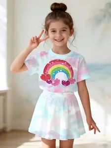 Girls' 3D Heart Rainbow Print Top and Skirt Set, Casual Slim-Fitting Summer, Round Neck Short Sleeve, Daily Wear