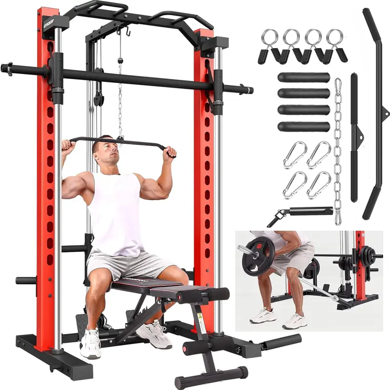 【TikTokShopBlackFriday】OPPSDECOR 1400LBS Smith Machine & 2000LBS Power Cage Heavy-Duty Steel Multifunctional Home Gym Combo - Adjustable Design Cable Pulley, 2"-1" Weight Plate Compatibility, Pull-Up Bar & Attachments for Full-Body Strength Training