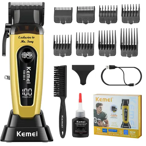 KEMEI KM-90-4 Professional Smooth Corded-Cordless Hair Clipper Hair Trimmer for Men, Rechargeable Mustache Trimmer Haircutting Kit with DLC Blades, Adjustable Blade, USB Battery Kit, Crew Cut Tool, Men's Gift Set