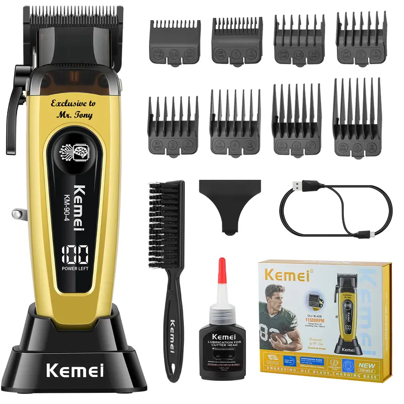 KEMEI KM-90-4 Professional Smooth Corded-Cordless Hair Clipper for Men, Barber Equipment with DLC Blades, 5-Speed Adjustable Blade, 8 Limit Combs, Rechargeable Mustache Trimmer, USB Battery Kit, Crew Cut Tool, Beard Transformation Gift Set