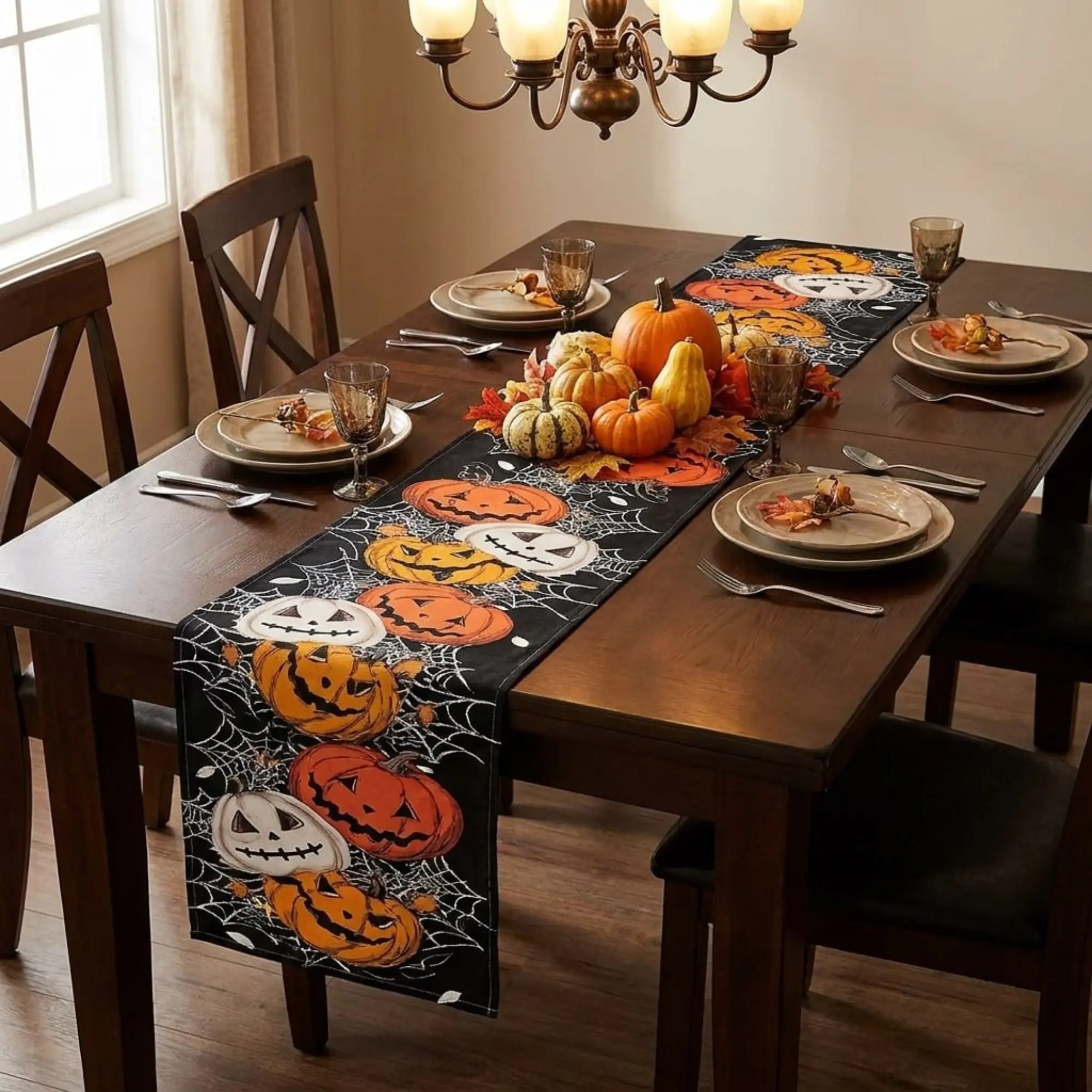 Halloween Table Runner Pumpkin Ghost Spider Web Table Runner – Farmhouse Fall Table Decor – Rustic Dining Table Decoration – Halloween Kitchen Decor – Holiday Party Table Linen