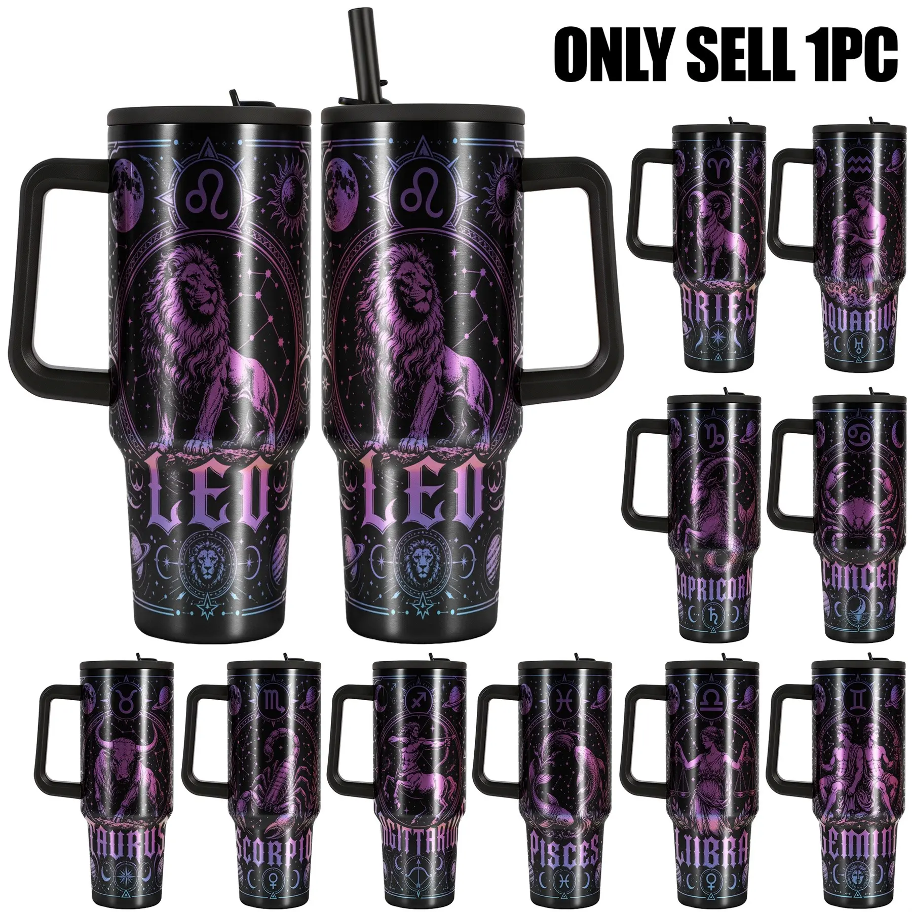 1pc, 40oz Tumbler with Handle and Straw Lid, Leak-Proof 304 Stainless Steel Insulated Travel Mug, Zodiac Constellation Astrology Gifts for Women Men, Double Wall Vacuum Coffee Cup, Flasks, 12 Signs Birthday Gift, Stainless Steel Tumblers, Drinkware