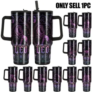 1pc, 40oz Tumbler with Handle and Straw Lid, Leak-Proof 304 Stainless Steel Insulated Travel Mug, Zodiac Constellation Astrology Gifts for Women Men, Double Wall Vacuum Coffee Cup, 12 Signs Birthday Gift