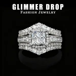 【Glimmer Drop】New Zircon Ring - European & American Double-Layer 2-in-1 Super Shiny Ring, Square Splicing Crown Ring for Women My Little Star Book Pendant Necklace sevenesy  ring Wedding Promise Rings Statement Multi Ring Stacking Ring Set