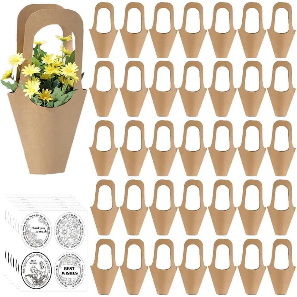 50 pcs Flower bags for Bouquets cones flower bouquet bags with handle Flower Bouquet Holder Gift Wrapping Bags for flower Shops, Weddings