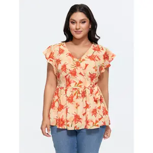 BLOOMCHIC Plus Size Floral Print Stretchy Wrap Tie Blouse [M-6X]2026 Summer Vibes Swimweek