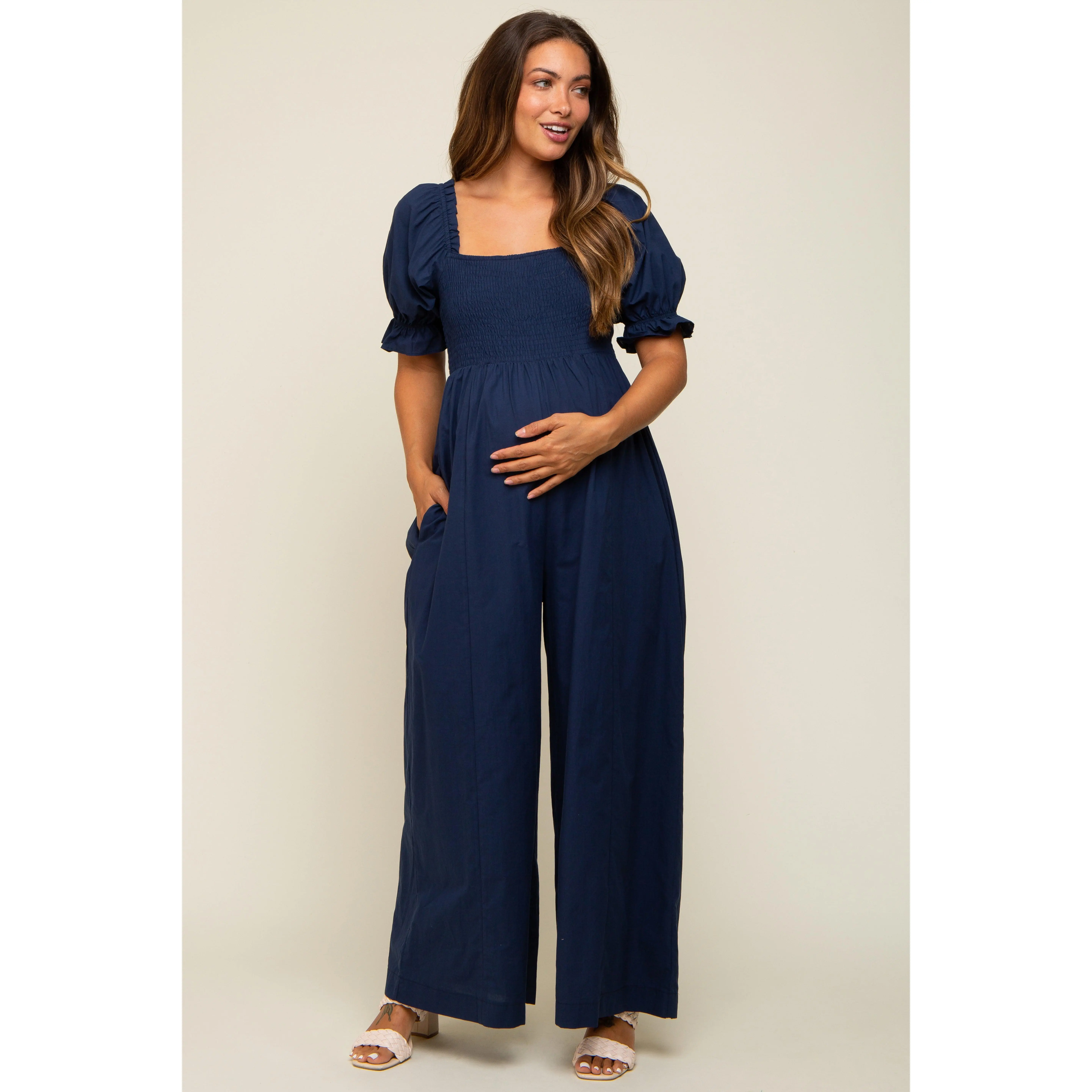 Navy Smocked Square Neck Wide Leg Maternity Jumpsuit, Maternity Outfits, Bump Friendly Outfits, Maternityclothes, Dress The Bump, Baby Bump