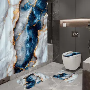 1/4pc Marble Crack Pattern Bathroom Set, 4-piece set includes shower curtain, non-slip floor mat, toilet U-shaped cushion, toilet seat cushion, with shower curtain hooks, belongs to bathroom decoration products