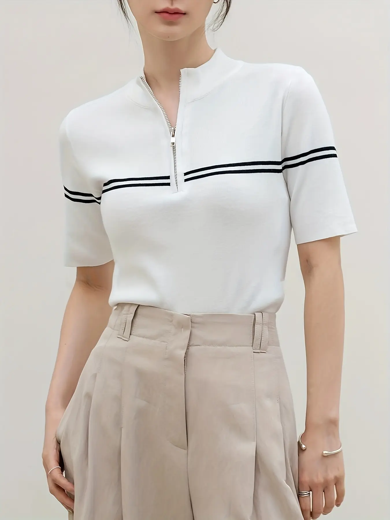 Women's Half-Zip Short Sleeve Polo Shirt, Colorblock Striped Knit Top, Casual Mid-Collar Summer T-Shirt, Sporty Office Blouse, Fitted, Womenswear, Polo Tees, Striped Polo Shirts
