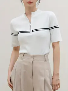 Women's Half-Zip Short Sleeve Polo Shirt, Colorblock Striped Knit Top, Casual Mid-Collar Summer T-Shirt, Sporty Office Blouse