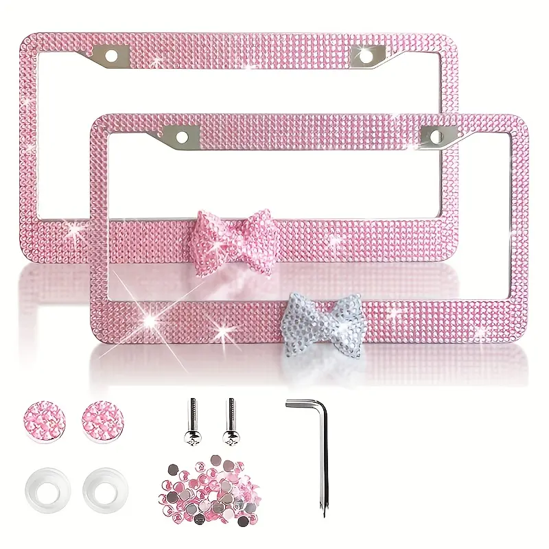 Girls' US Pink Acrylic Bow Tie Decor License Plate Frame - 1pc/2pc Stainless Steel Base, Hand-Drilled Rhinestone Accents, Sparkling Car Exterior Accessory for Women