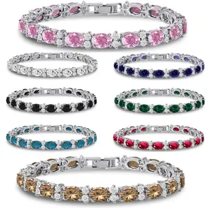 KEZEF Cubic Zirconia Tennis Bracelet Silver Plated Brass Oval 7x5mm and Round 2.5mm CZ Stones Bracelets for Womens Jewelry - Four-prong basket setting